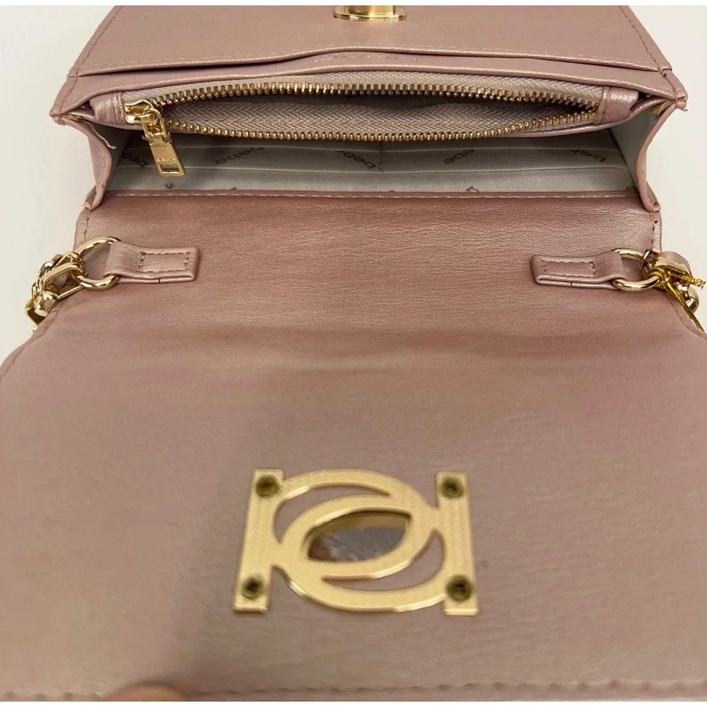 Bebe Metallic Rose Gold Quilted Crossbody Bag Gold Chain Charms New
